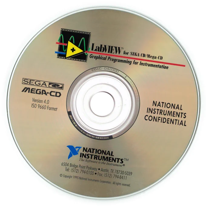 An image of a CD-ROM labelled LabVIEW 4.0 for Sega CD/Mega-CD. The disc is marked NATIONAL INSTRUMENTS CONFIDENTIAL.