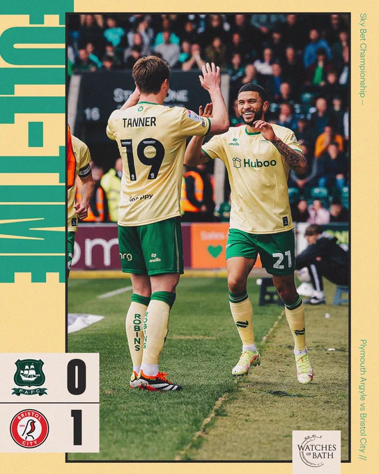 Full Time: Plymouth Argyle 0-1 Bristol City. 
Sponsored by Watches of Bath. 