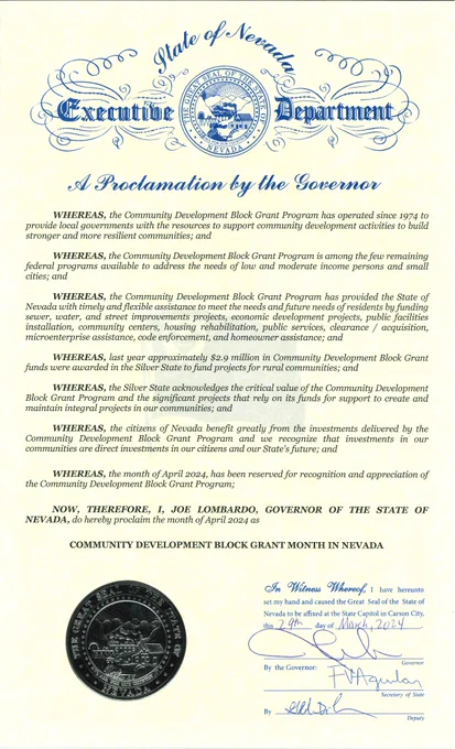Proclamation signed by Governor Lombardo announcing April 2024 as CDBG Month in Nevada