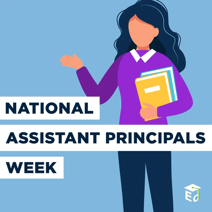 Cartoon illustration of an assistant principal with text: "National Assistant Principals Week"