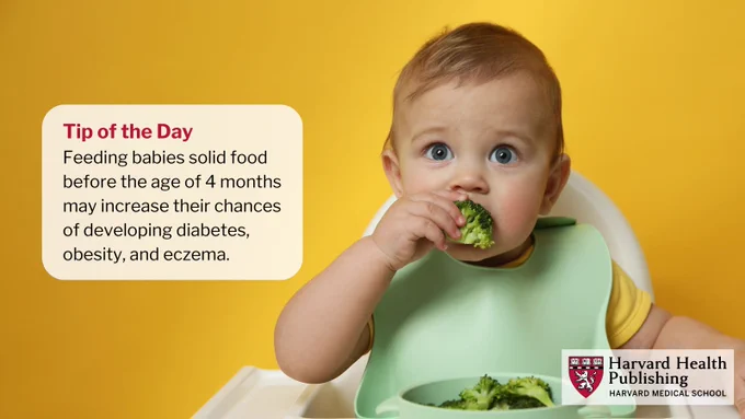 Feeding babies solid food before the age of 4 months may increase their chances of developing diabetes, obesity, and eczema.