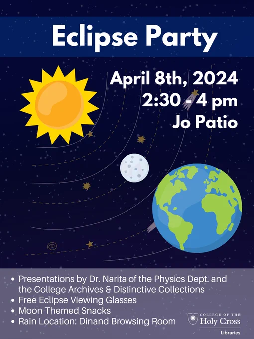 Eclipse Party, April 8, 2024, 2:30 pm-4 pm, Jo Patio with an image of the sun, moon and earth.