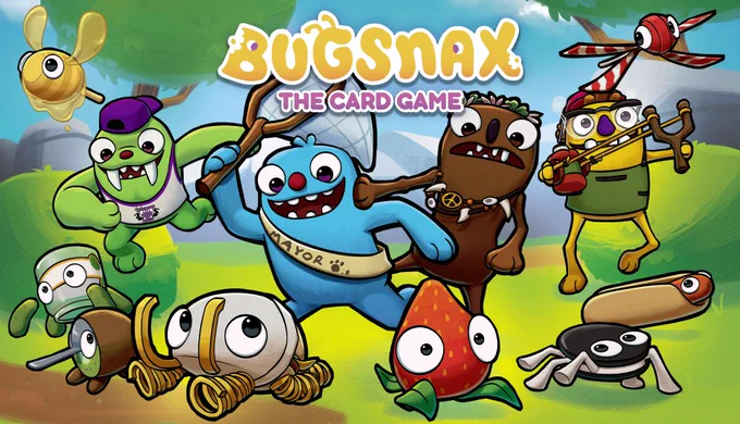 Key art for BUGSNAX: THE CARD GAME!! It shows Filbo, Shelda, Snorpy, and Chandlo trying to catch some of your favorite bugsnax like Bunger and Kweeble. 