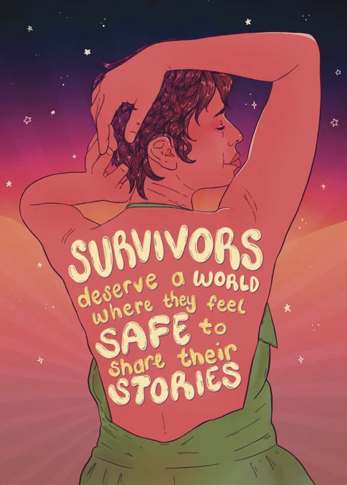 Digital illustration of an enby with tan skin and pink hair wearing a green halter dress. There’s text on their back that reads, ‘survivors deserve a world where they feel safe to share their stories'