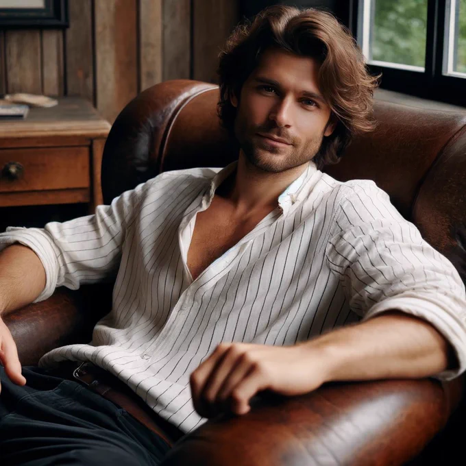 A man lounging in a vintage leather armchair, dressed in a casual, unbuttoned white shirt with vertical stripes. He has medium-length wavy hair, a relaxed expression, and a slight beard. The setting has a cozy, rustic charm with wood paneling and a window allowing soft natural light to filter in, revealing a hint of greenery outside. The man's pose is casual and comfortable, exuding a sense of calm and contentment.