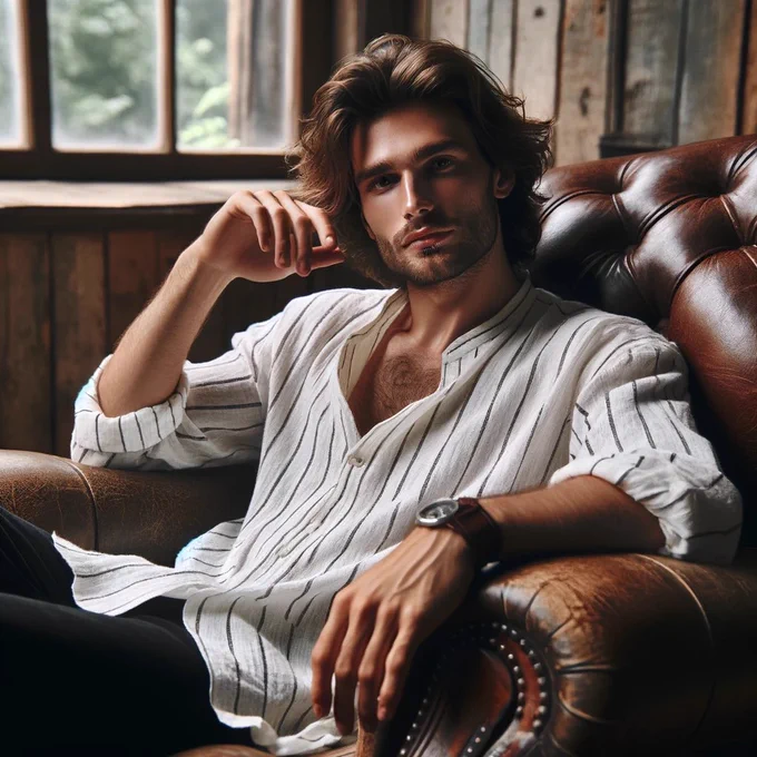 A man lounging in a vintage leather armchair, dressed in a casual, unbuttoned white shirt with vertical stripes. He has medium-length wavy hair, a relaxed expression, and a slight beard. The setting has a cozy, rustic charm with wood paneling and a window allowing soft natural light to filter in, revealing a hint of greenery outside. The man's pose is casual and comfortable, exuding a sense of calm and contentment.