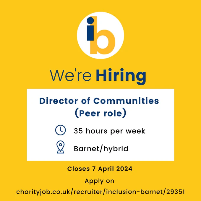 Director of Communities (peer role), 35 hours, Barnet/hybrid. Closes 7 April 2024. Apply on CharityJobs.