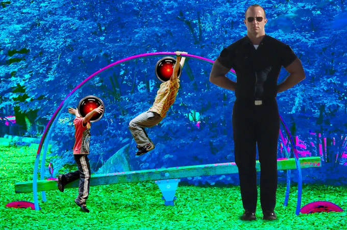 Children playing on a climber. The colors of the climber and the foliage behind them has been oversaturated and shifted, making it surreal. The kids' heads have been replaced with the red eye of HAL 9000 from Kubrick's '2001: A Space Odyssey.' Standing in the foreground at rigid attention is a man in short-sleeved military garb, wearing aviator shades.



Image:
Cryteria (modified)
https://commons.wikimedia.org/wiki/File:HAL9000.svg

CC BY 3.0
https://creativecommons.org/licenses/by/3.0/deed.en

--

Jorge Royan (modified)
https://commons.wikimedia.org/wiki/File:Munich_-_Two_boys_playing_in_a_park_-_7328.jpg

CC BY-SA 3.0
https://creativecommons.org/licenses/by-sa/3.0/deed.en

--

Noah Wulf (modified)
https://commons.m.wikimedia.org/wiki/File:Thunderbirds_at_Attention_Next_to_Thunderbird_1_-_Aviation_Nation_2019.jpg

CC BY-SA 4.0
https://creativecommons.org/licenses/by-sa/4.0/deed.en

