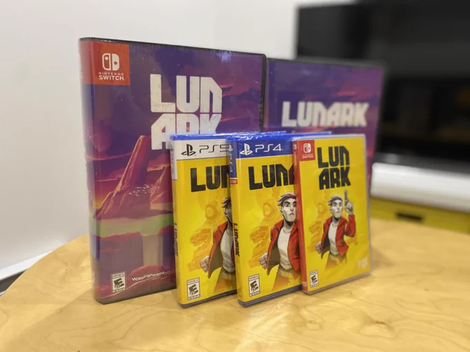Text reads: 'Enter to win limited physical editions of LUNARK! Follow instructions in tweet to participate. Image shows game boxes and trailer.