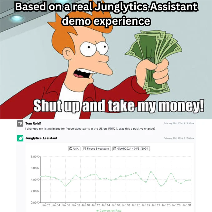 "Shut up and take my money!" Based on a real Junglytics Assistant demo experience