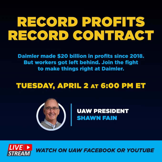Join the FB Live with President Shawn Fain on April 2 at 6 pm.