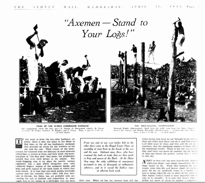 Newspaper text with title 'Axemen - Stand to Your Logs!' and photograph of woodchoppers.