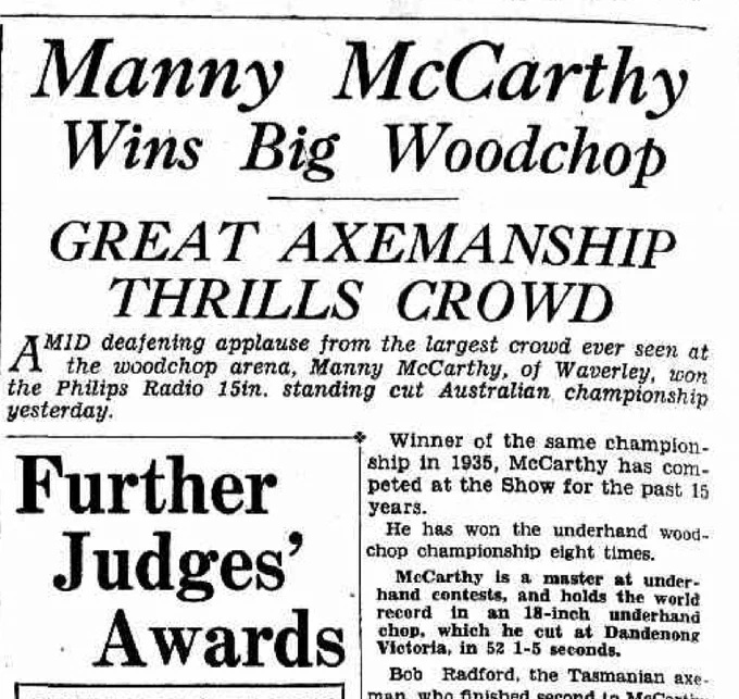 Newspaper text with heading 'Manny McCarthy Wins Big Woodchop.'