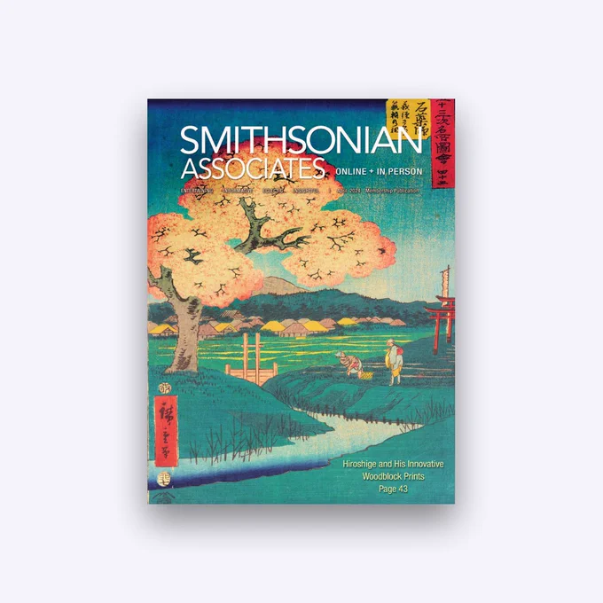 Smithsonian Associates Online   In Person April program guide featuring a Japanese woodblock print with text Hiroshige and His Innovative Woodblock Prints