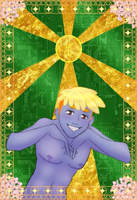 A digital painting of Mako standing beneath Zeal. He grins and leans forward over the border of the card towards the viewer. He represents the magician tarot card.