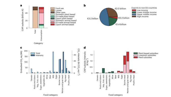 Fig. 1 | Overview of Common Agricultural Policy (CAP) subsides in the European Union in relation to food types, international exports, emissions and subsidy intensities. a, Total CAP budget (left bar) and total EU27   UK domestic food consumption and trade by animal-and plant-based foods (right bar). b, Exports to non-EU countries by income level of the importing country. c, Embodied CO₂ equivalent (CO₂eq) (in global warming potential over 100 years (GWP100)) by food category in total (light blue, left axis) and per mass (dark blue, right axis). Veg., vegetables. d, Subsidy intensity of food categories in euro per kilogram of retail weight in 2013