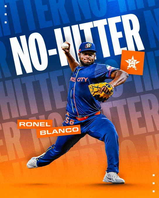 Ronel Blanco No-hitter graphic. 
Pictured: Ronel Blanco delivers a pitch in a Astros City Connect Uniform
