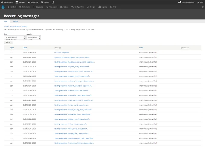 While operating a #Drupal website, when the project is functioning nominally, what should appear in the system log message report, with types displayed are successful cron run completion notifications (see screenshot). 

Check out #drupalcommerce too!
https://dc2x.websitework.space