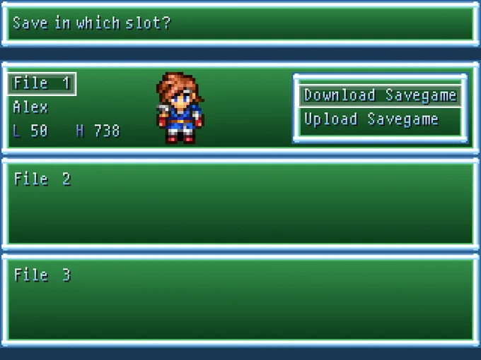 The save/load dialog of EasyRPG Player with the context menu opened displaying "Download/Upload Savegame" menu items.