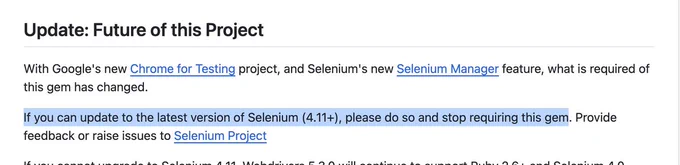 Screenshot from the Github of the gem "webdrivers" which states it's now deprecated and suggests to selenium-webdriver instead.