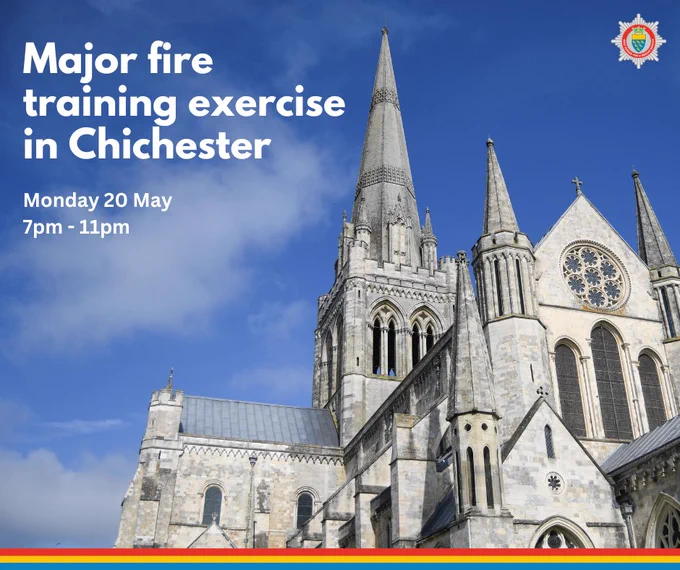 Photo of Chichester Cathedral with blue sky. 