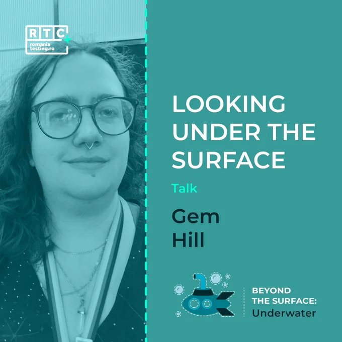 A square image. The left half is a photo of me with a green tint. The left side says 'Looking under the surface' talk, by Gem Hill