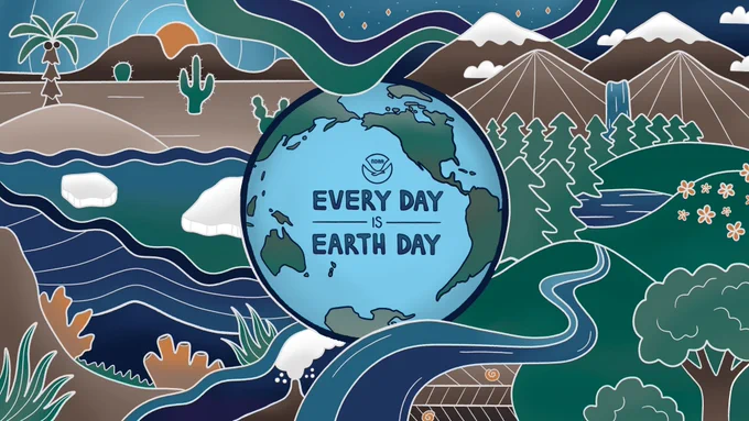  A doodled graphic of the Earth with the text “Every day is Earth Day” on it. The Earth is surrounded by drawings of nature including a desert, tropics, tundra, marine and deep sea environments, mountains, forests, rivers, and hills. Credit: NOAA Education/Kaleigh Ballantine.