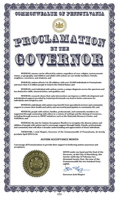 Proclamation by the Governor: Autism Acceptance Month