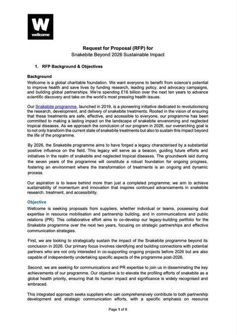 Download the full RfP: https://wellcome.org/sites/default/files/2024-03/Snakebite-beyond-2026-RFP.pdf