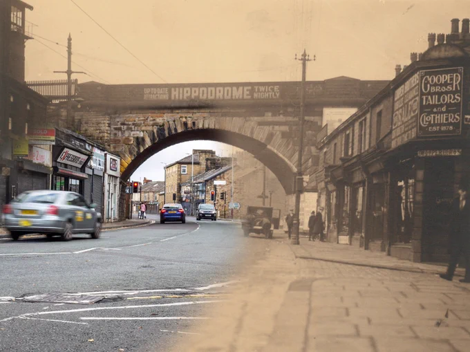 Shows the railway bridge on Blackburn Road, Accrington with an older image across the top advertising the Hippodrome and on the right showing a people walking and a car outside Cooper Bros tailor's shop (established in 1878). The left of the photograph shows the road today with modern cars, shops and traffic lights.
