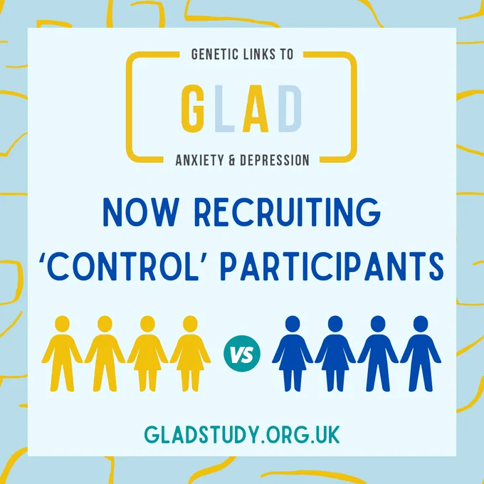 The image has the logo for the Genetic Links to Anxiety & Depression Study on top with the text, "Now recruiting control participants." There are two sets of figures, one in yellow and the other in blue, with "VS" in the middle.