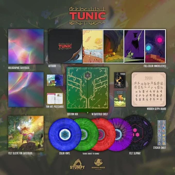 Promotional graphic showing the contents of the TUNIC soundtrack box set from Mango Mage Records! 