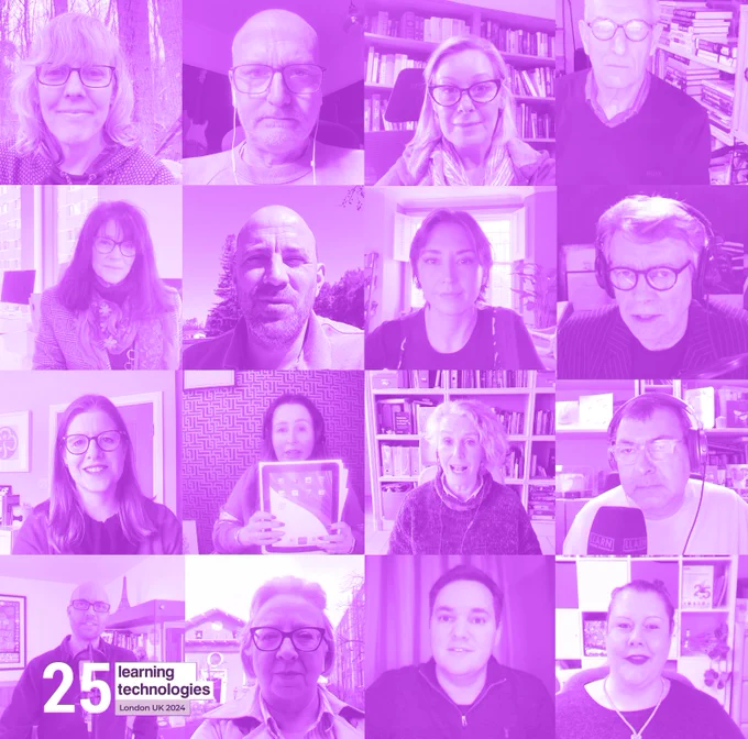 Image of 16 speakers at this year's Learning Technologies who have shared their insights, memories and stories. 