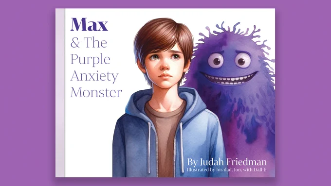 Book cover of Judah Friedman's story "Max & The Purple Anxiety Monster"