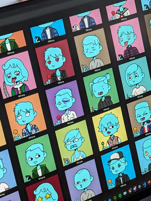 Picture of an arrayed gallery of Only Friends Club NFT's in diverse rainbow colors, displaying characters from OFC.