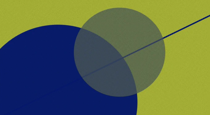 Dark blue and transparent circles and a diagonal lines against a lime green background. 