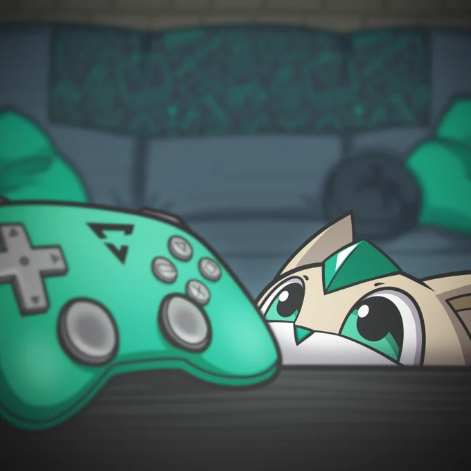 Small creature in a living room looking at a console controller with a Lightstream logo on it.