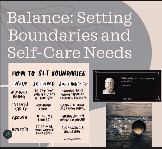 This slide offers strategies to set boundaries to achieve balance in your life. For example, a person who values their well-being will say "no" when needed so they can stay true to themselves despite external pressure. Other strategies including making space for personal time, trying to test yourself by pursuing challenges and taking action, and being real with myself and others. 