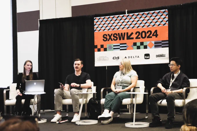 Four speakers during the panel sitting in front of the SXSW banner. From left to right: Olga Ivanova, VR Oxygen; Ross Minor, accessibility consultant; Jazmin Cano, Owlchemy Labs; Yao Ding, Meta