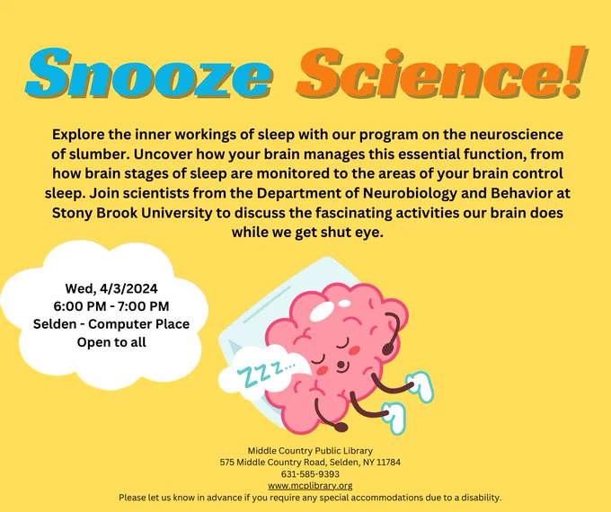 Yellow bacground with a cartoon graphic a sleeping brain and the words Snooze Science in blue and orange.