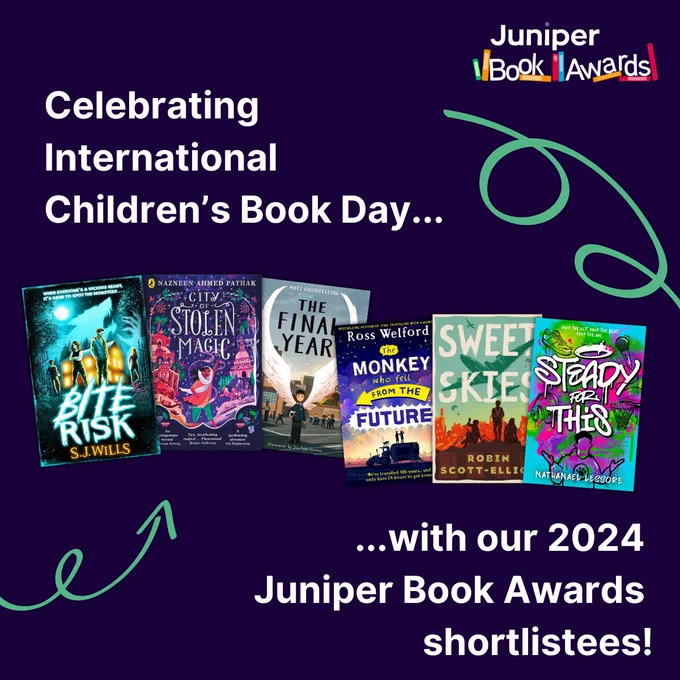 A selection of books shortlisted for the Juniper Book Awards 2024, with text that reads: "Celebrating International Children's Book Day with our 2024 Juniper Book Awards shortlistees!"