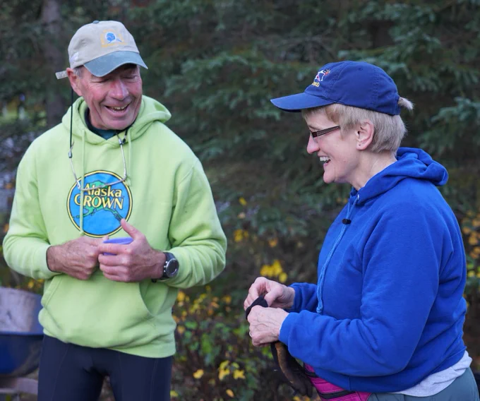  Two friends laugh as they spend time together on Campbell Tract trails.  
Photo by BLM 

Two people facing each other outdoors and laughing 