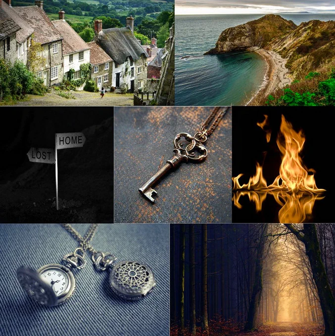 Mood board for the YA Mystery I am querying. What's pictured: houses, cove, "home" and "lost" sign, time, woods, fire, key