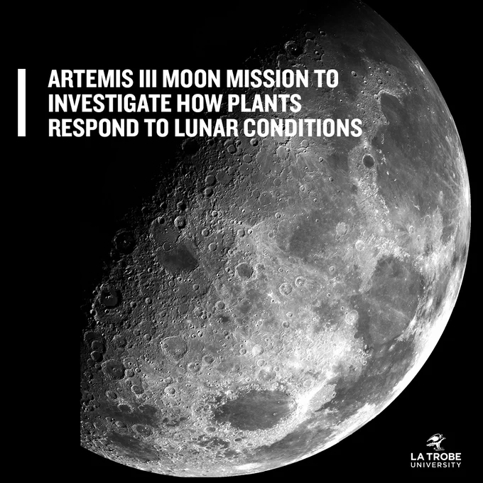 An image of the half the moon's surface, the foreground lit by the sun. The text overlay says: ARTEMIS III MOON MISSION TO INVESTIGATE HOW PLANTS RESPOND TO LUNAR CONDITIONS