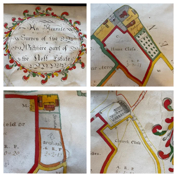 Four areas of a map showing buildings and coloured with red, yellow and green details