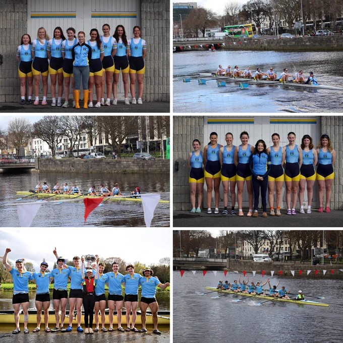 Collage of six photos showing the UCD Ladies' and Men's Boat Culbs in action at the 2024 Colours Boat Race in Dublin
