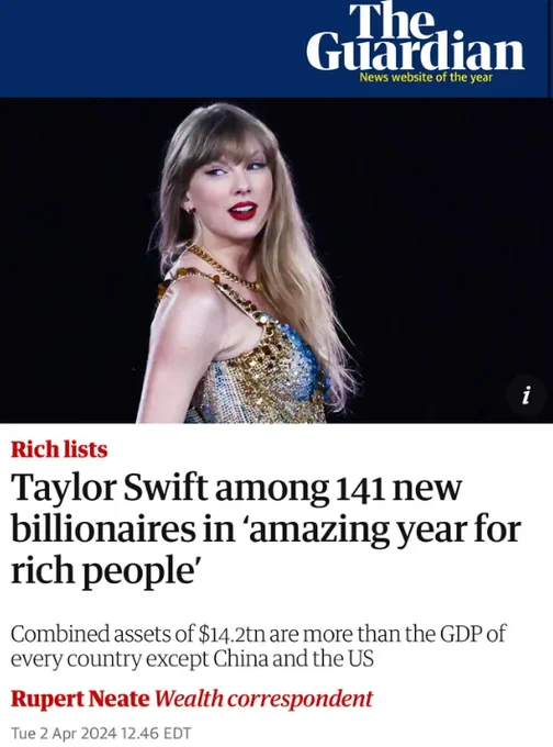 taylor swift among 141 new billionaires in 'amazing year for rich people'

combined assets of $14.2tn are more than the gdp of every country except china and the us
