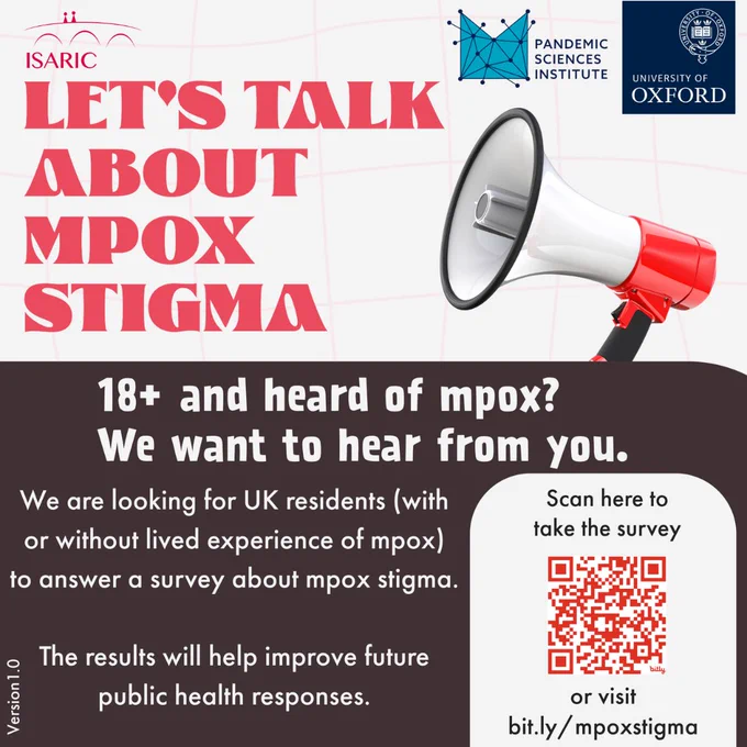 A poster with the heading "Let's talk about mpox stigma" that includes a QR code to the stigma survey. 