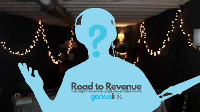 Silhouetted figure with a question mark over it, standing in a room with string lights in the background, with the text "Road to Revenue geni.us/link" at the bottom.