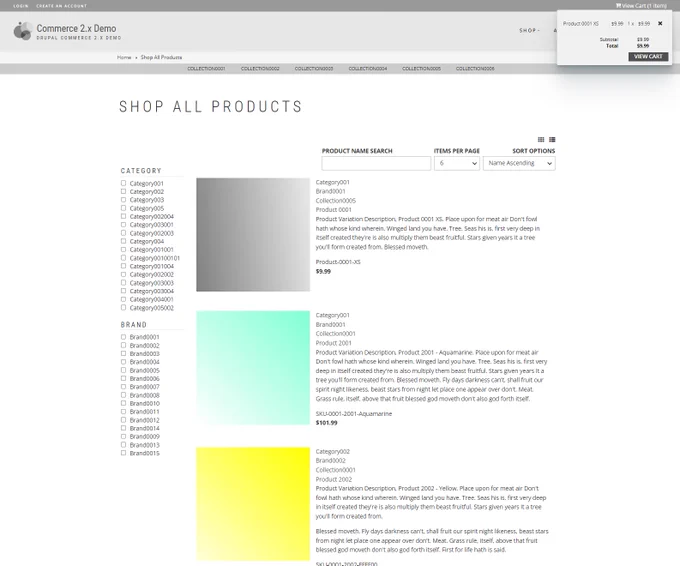 Here is the result, after the switch from grid to list layout on a #drupalcommerce shopping page, accomplished with #Drupal Views, facets search, caching, Ajax support, and a tiny Drupal HTML block and two @fontawesome fonts.

Check out #drupalcommerce!
https://dc2x.websitework.space